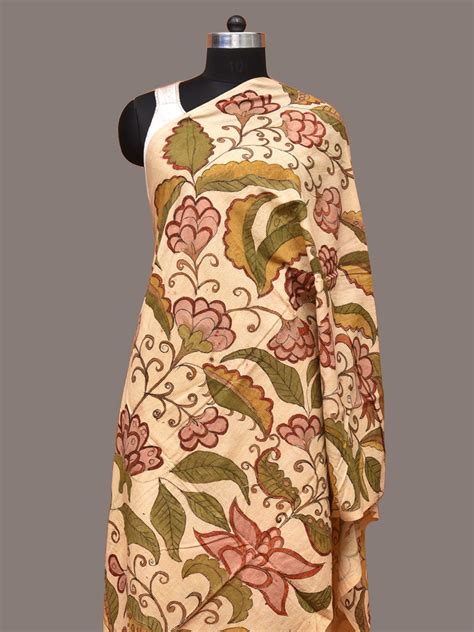 Cream Kalamkari Hand Painted Cotton Handloom Dupatta with Floral Desig ...