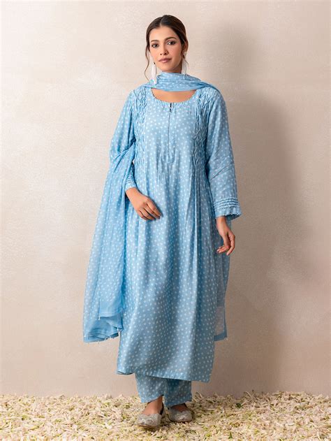 Pastel Blue Bandhani Printed Cotton Silk Suit- Set of 3