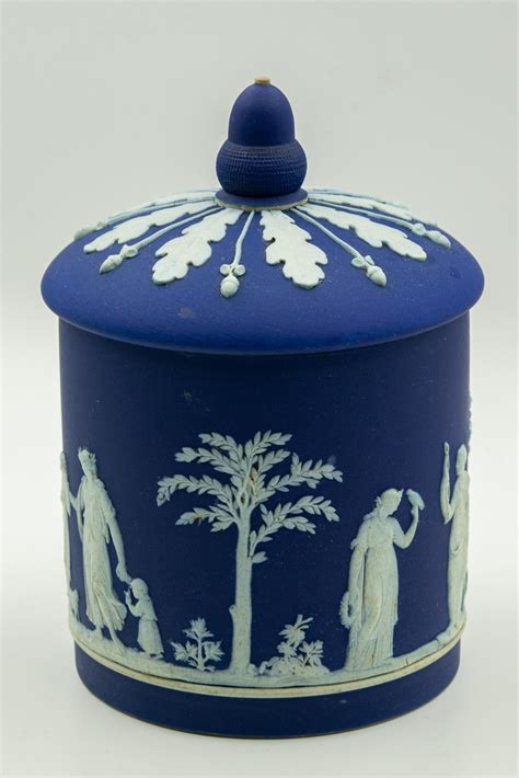 Antique Wedgwood Dark Cobalt Blue Jasperware Acorn Biscuit Barrel ...