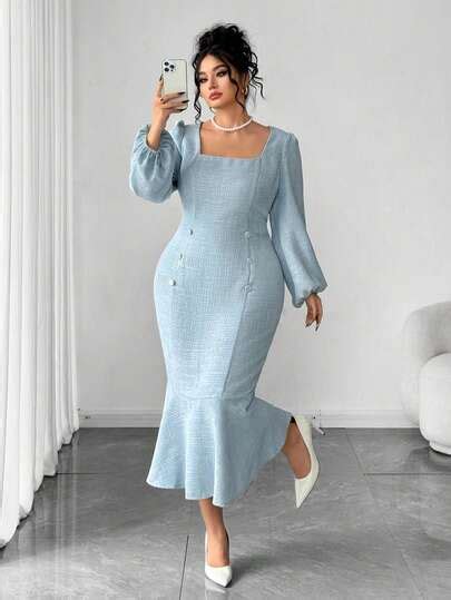 Elenzga Plus Size Elegant Waist Cinched Mermaid Hem Long Sleeve Dress ...