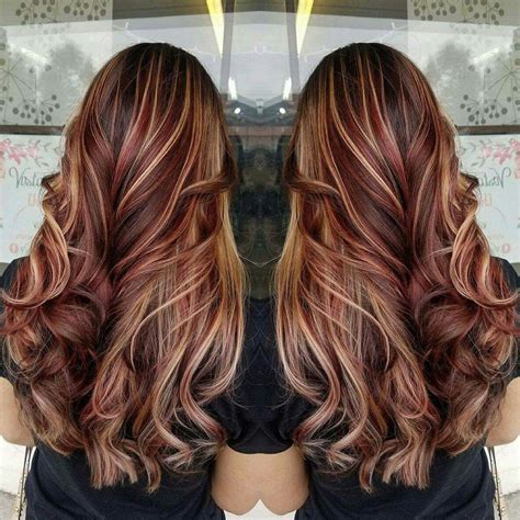 Red hair, balayage, brown hair, blonde highlights, contra… | Red ...