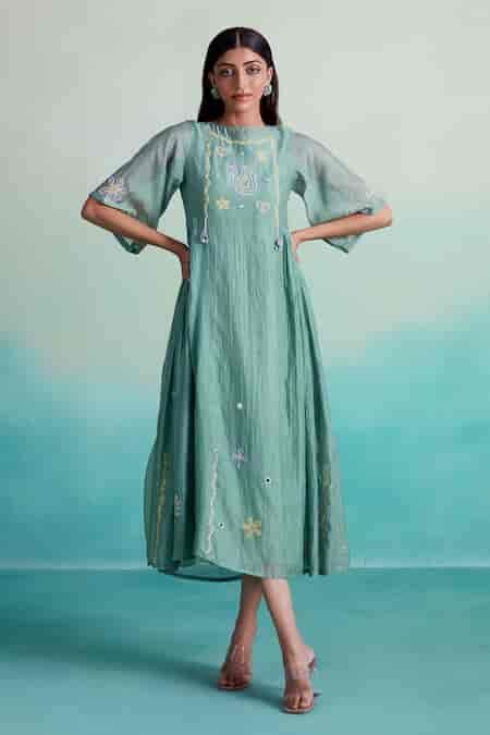 Buy Blue Chanderi Embroidery Boat Neck Enchantmint Hand Dress For Women ...