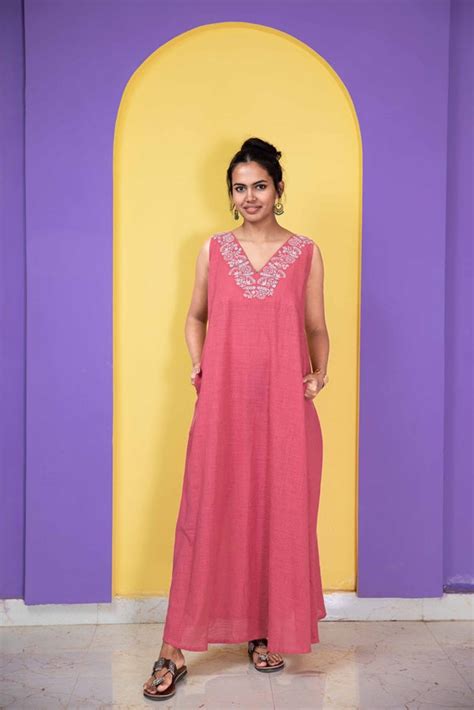 Coral Pink Embroidered Sleeveless Night Dress – thesaffronsaga