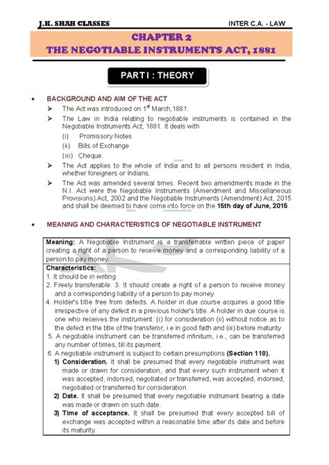 5. The Negotiable Instruments Act, 1881 Notes - - Studocu