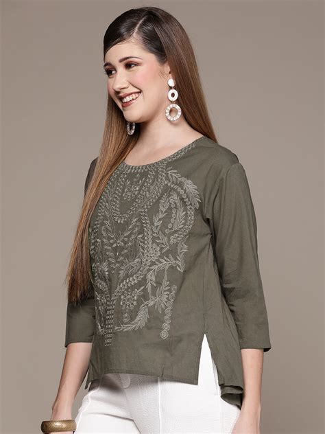Buy Ishin Women's Olive Embroidered High-Low Top Online