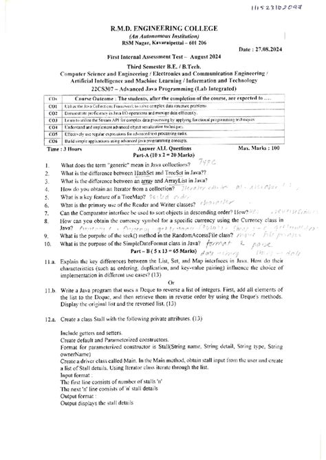 22CS307 Advanced Java Programming - Internal Assessment Test August ...