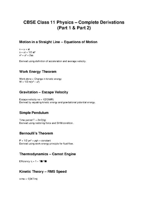 CBSE Class 11 Physics All Derivations: Motion, Energy, and More - Studocu