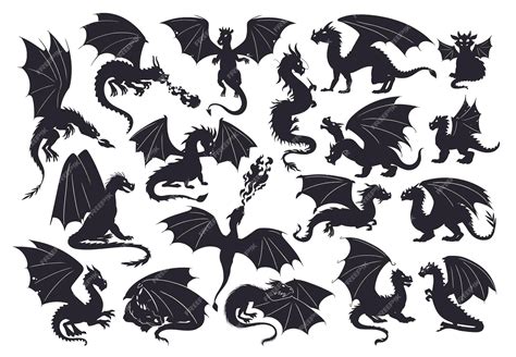 Premium Vector | Flying dragons silhouettes Fire breathing reptiles winged medieval dragons ...