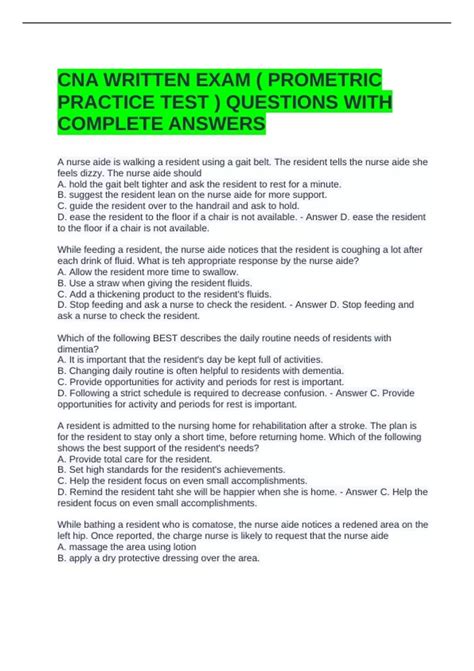 CNA WRITTEN EXAM ( PROMETRIC PRACTICE TEST ) QUESTIONS WITH COMPLETE ...