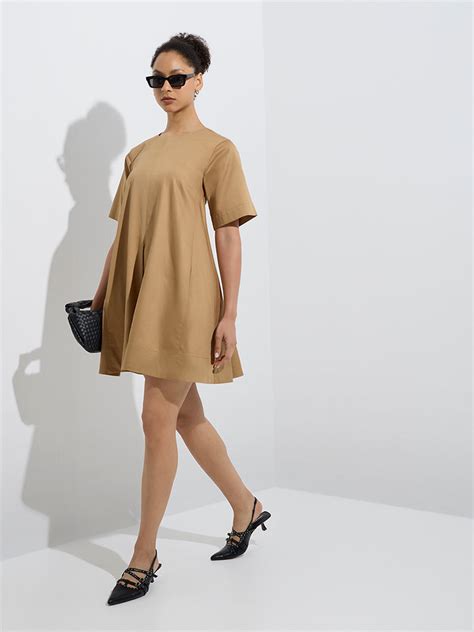 Buy Wardrobe Beige Solid Cotton A-Line Dress from Westside
