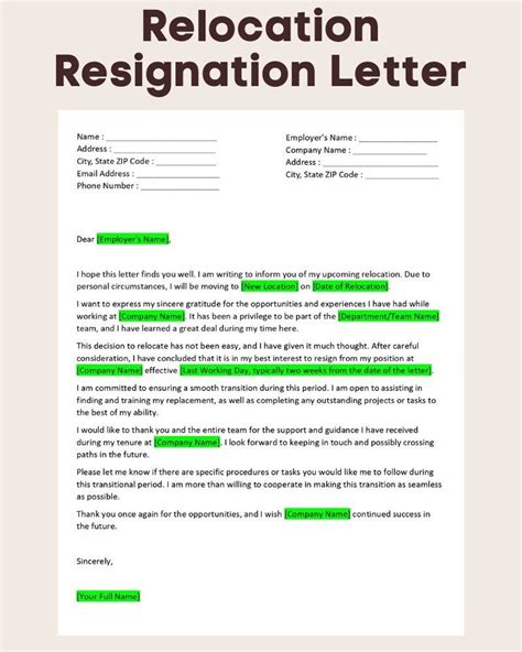 Editable Relocation Resignation Letter Template - Etsy Australia