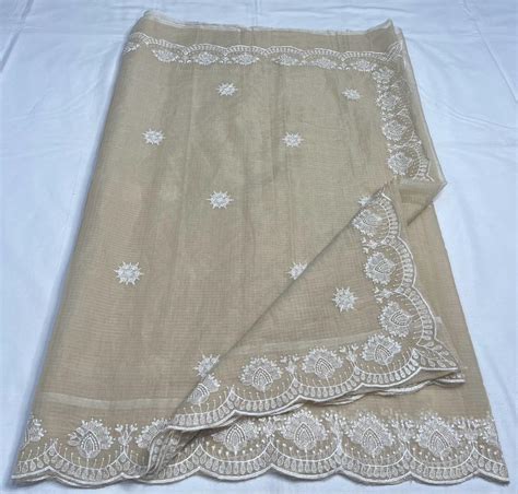 Kota Doria Saree Pale Brown Color Embroidered with plain running Blouse ...