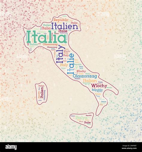 Italy shape with country names word cloud in multiple languages. Italy border map on charming ...