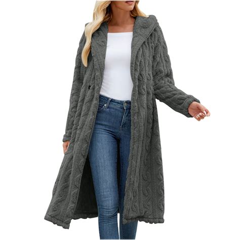 Lovskoo Womens Fuzzy Fleece Long Jacket Solid Color Long Sleeve Lapel ...