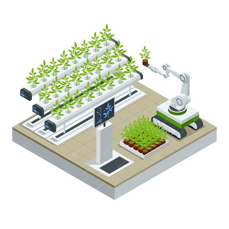 Serre industrielle intelligente moderne isométrique. Robots d ...