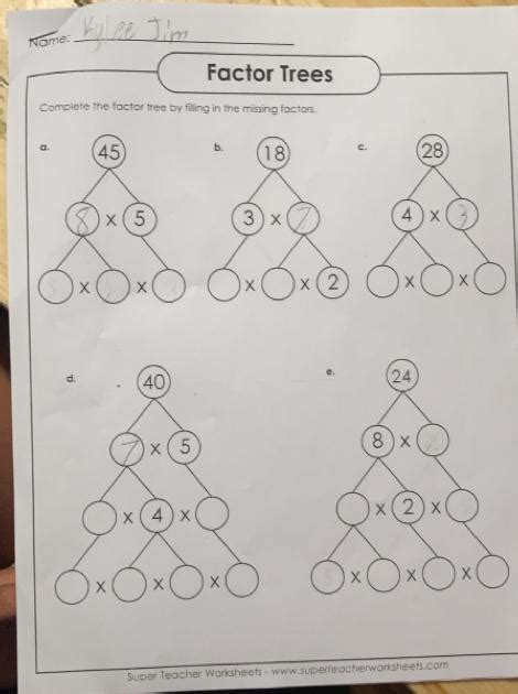 Nome: Factor Trees Complete the factor tree by filling in the missing ...