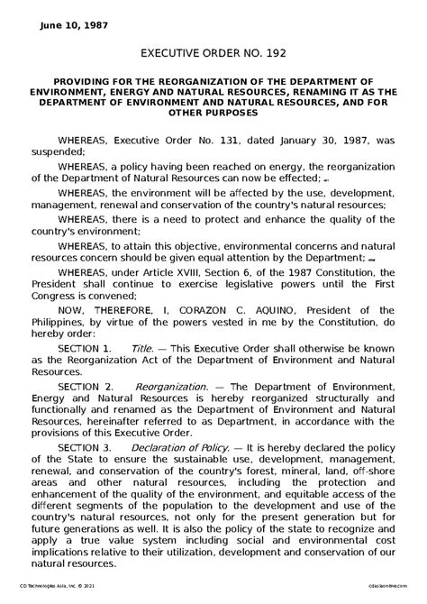 Pollution Adjudication Board - June 10, 1987 EXECUTIVE ORDER NO. 192 ...