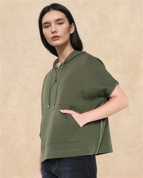 Rareism Women's Matthew Olive Cotton Blend Hooded Plain Extended Sleev