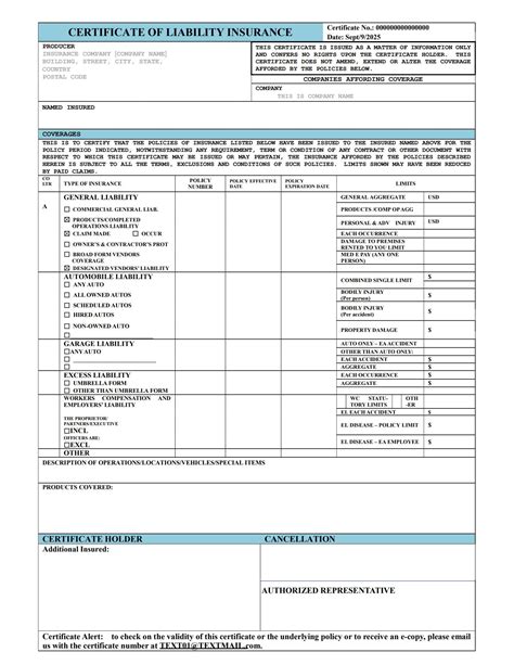 Liability Insurance Certificate Form 的图像结果