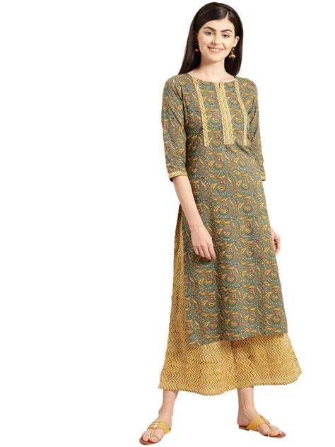 Buy Varanga olive green floral printed straight kurta with printed ...