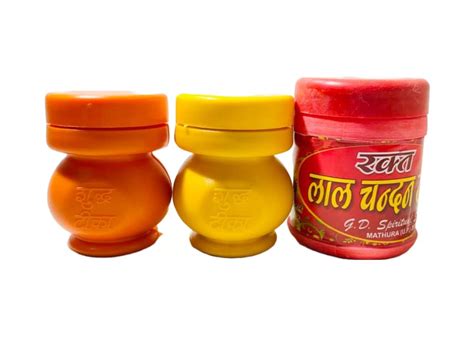 Pack of 2 Kesari and Yellow Liquid Chandan Tilak, Sandalwood Tika with ...