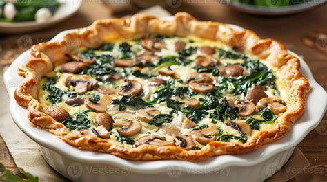 Spinach and mushroom quiche with a flaky pastry crust, served in a pie ...