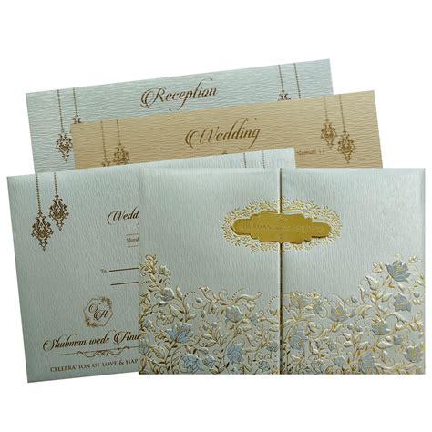 Light Grey Padded Door Style Embossed Gold Foil Wedding Invitation Card ...