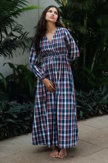 Buy Blue V-neck Madras Checks Roosh Dress For Women by Raas Life Online ...