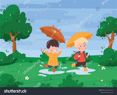 Children Umbrellas Enjoying Summer Rainy Weather Stock Vector (Royalty ...