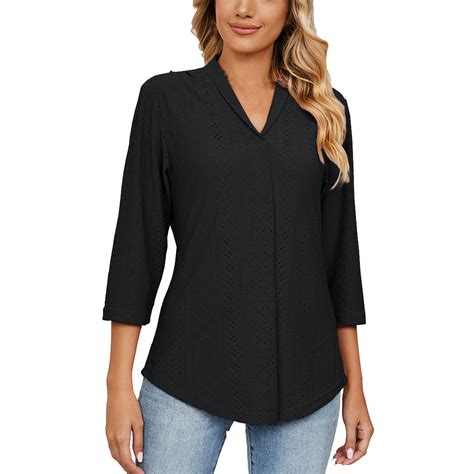 Womens 3/4 Sleeve Tunic Tops Eyelet V Neck Blouses Loose Fit Solid ...