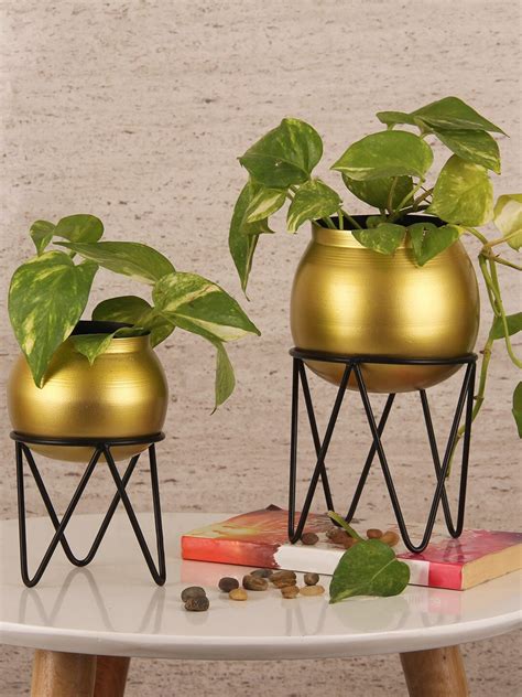 Buy | Set Of 2 Gold-Toned & Black Metal Table-Top Planters | Tied Ribbons