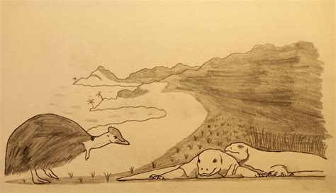a Southern Cassowary investigates a pair of Komodo dragons resting by the beach on the ...