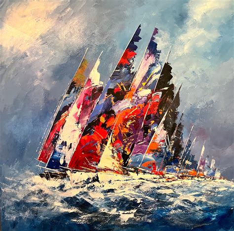 Bernard - 'The Line Up' Contemporary Colourful painting of sail boats on the sea, waves For Sale ...