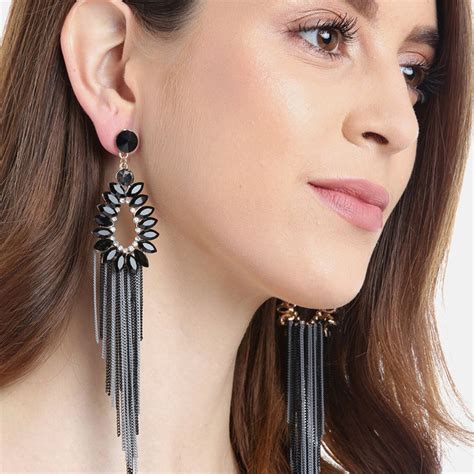 Buy YouBella Black Grey Stone-Studded Tasselled Teardrop Shaped Drop ...