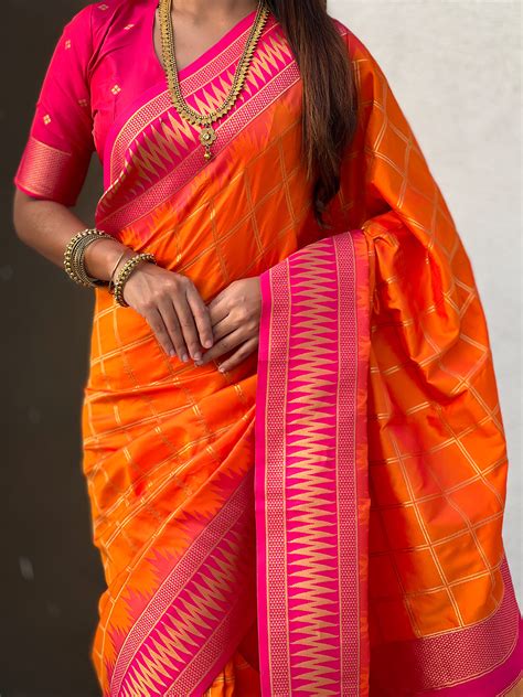Orange Soft Silk Checks Traditional Zari Contrast Woven Saree – Elite ...
