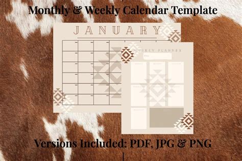 Cream Aztec Digital Calendar Template Monthly & Weekly | Western ...