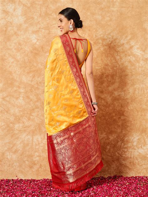 Mustard Banarasi Handloom Silk Saree with Contrast Weaving Border ...