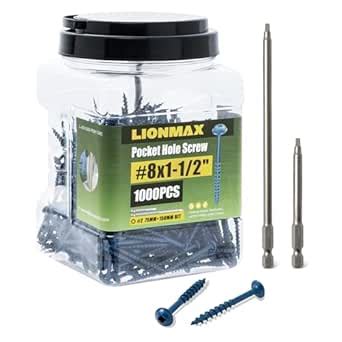 LIONMAX Pocket Hole Screws 1-1/2 Inch, 1000 PCS Exterior Pocket Screw ...