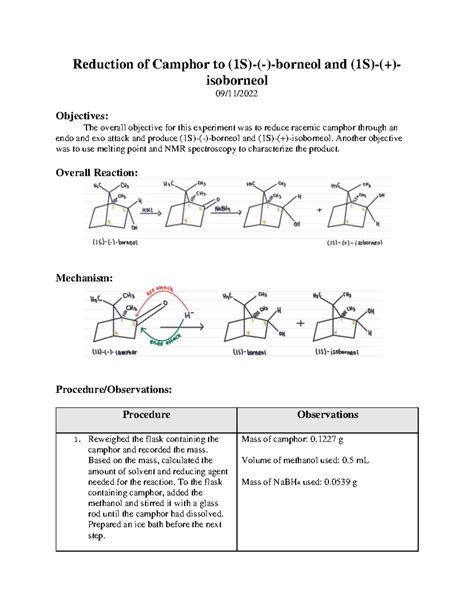 Reduction of Racemic Camphor to (1S)-(-)-borneol and (1S)-(+)-isoborneol - Reduction of Camphor ...