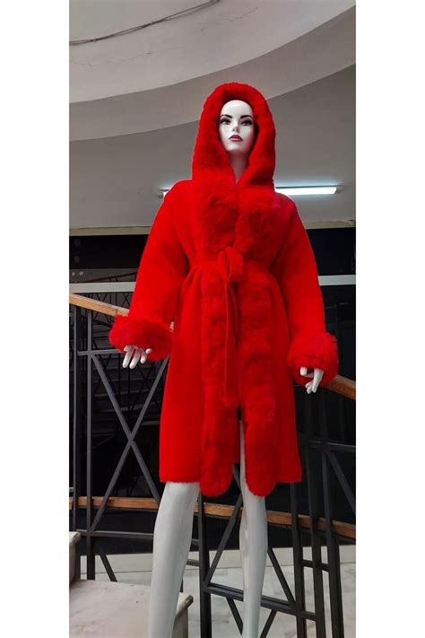 Red Fur Collar and Sleeves Full Hooded Long Angora Coat - EREN STYLE ...