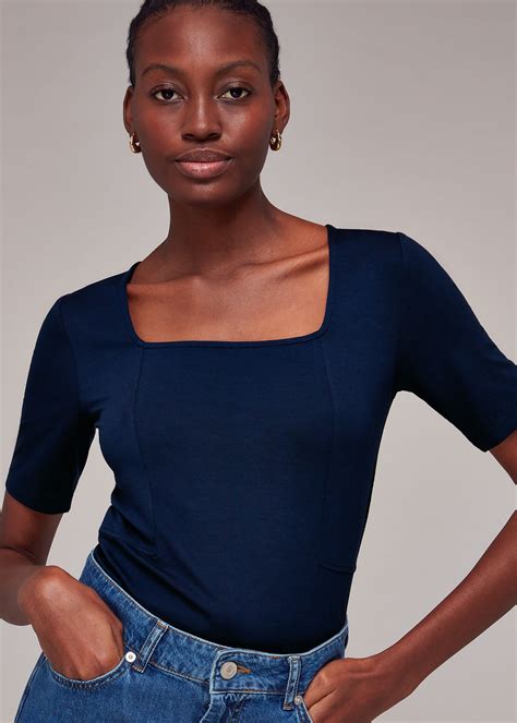 Navy Square Neck T-Shirt | WHISTLES | Whistles UK