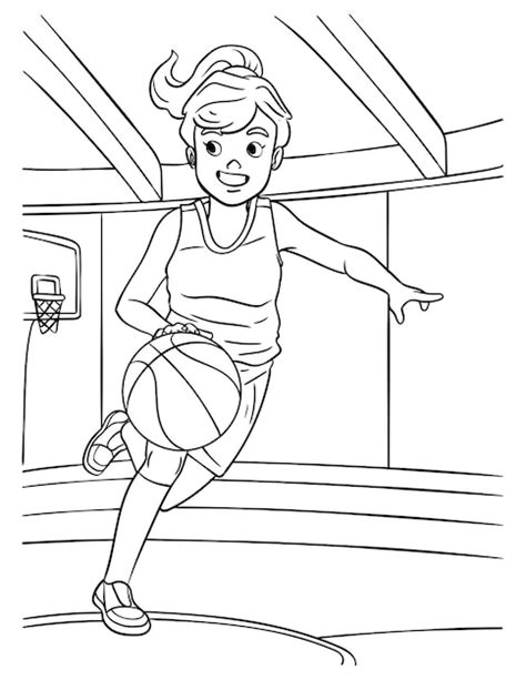 Basketbal meisje dribbelen kleurplaat voor kinderen | Premium Vector