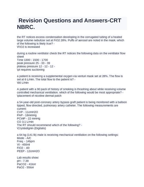 Revision Questions and Answers-CRT NBRC. | Exams Medicine | Docsity