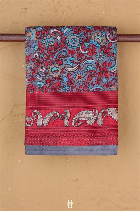 Printed Silk Saree In Steel Grey With Floral Design