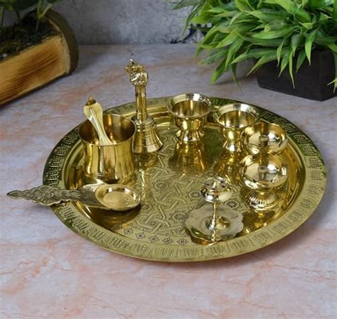 NEETU ARTS Pooja Thali Set | 11-Inch Brass Plate with 2 Diyas, Kumkum ...