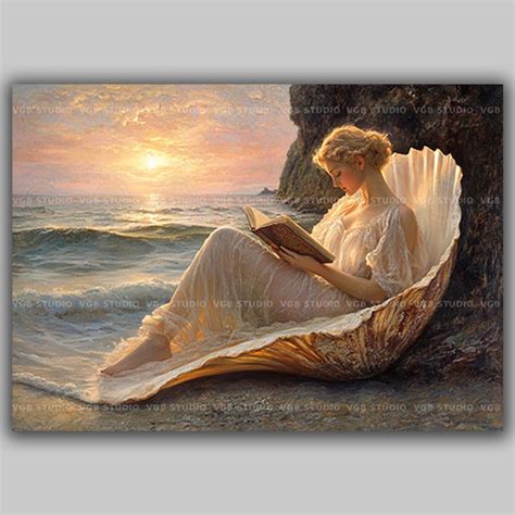 Aphrodite Reading Book Birth of Venus Myth Art, Sea Shore Greek Goddess Love and Beauty Fine Art ...