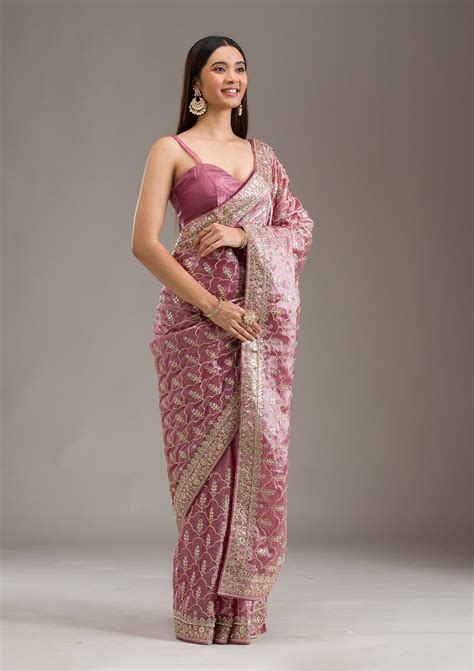 Buy Onion Pink Zariwork Tissue Saree - Koskii
