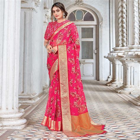 Pink Festive Wear Floral Printed Organza Saree