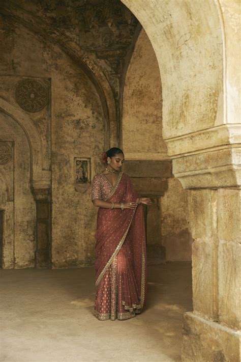 Tomato-Red Stitched Saree With Kalis – arbyrheakapoor