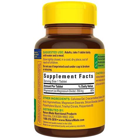 Buy NATURE MADE Magnesium, 250 mg, Tablets, 100 ct Online - DistaUSA
